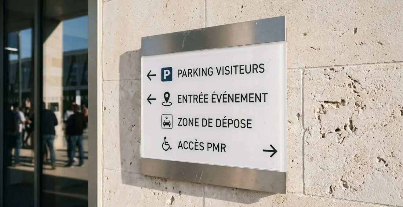 Panneau de signalétique directionnelle moderne fixé sur un mur contemporain indiquant l'accès à un espace événementiel et au parking
