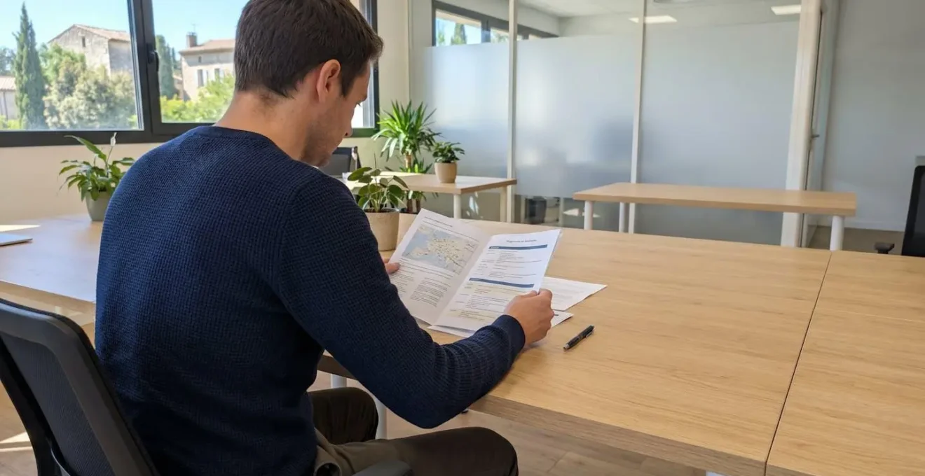 Personne de dos en vêtements professionnels décontractés consultant un document détaillant les prestations d'un forfait séminaire posé sur un bureau contemporain