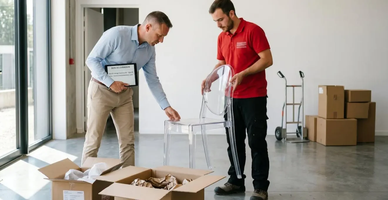 Organisateur événementiel et livreur inspectant ensemble une chaise design transparente déballée dans hall de réception, tablette affichant bon de livraison et cartons d'emballage ouverts au sol