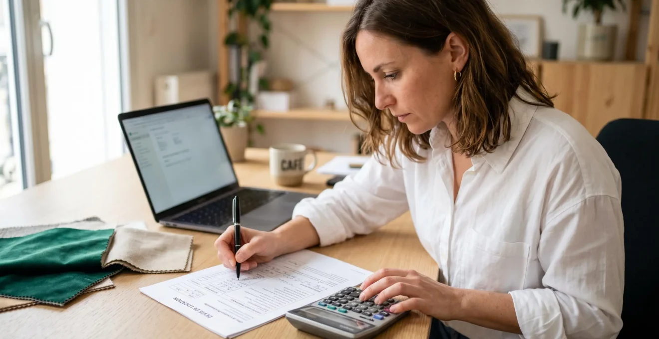 Professionnelle de l'événementiel analysant un devis de location de décor à son bureau, calculatrice en main et stylo annotant le document, échantillons de tissus décoratifs en arrière-plan