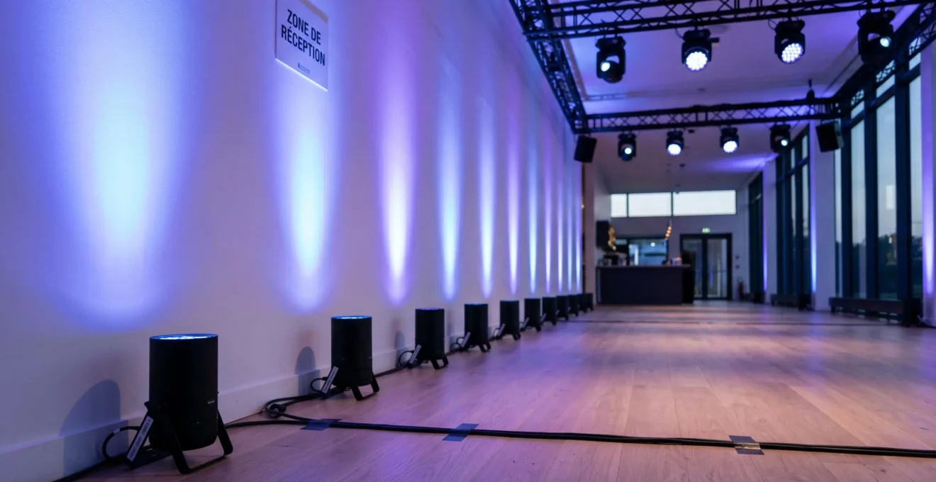 Rangée d'uplights LED professionnels installés au sol le long d'un mur blanc projetant un gradient lumineux bleu-violet, avec projecteurs suspendus au plafond dans salle événementielle