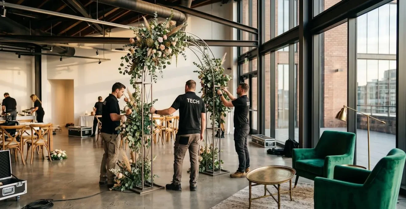 Deux techniciens professionnels installant une grande arche décorative métallique fleurie dans une salle événementielle moderne avec mobilier lounge design au premier plan, lumière naturelle de fin d'après-midi