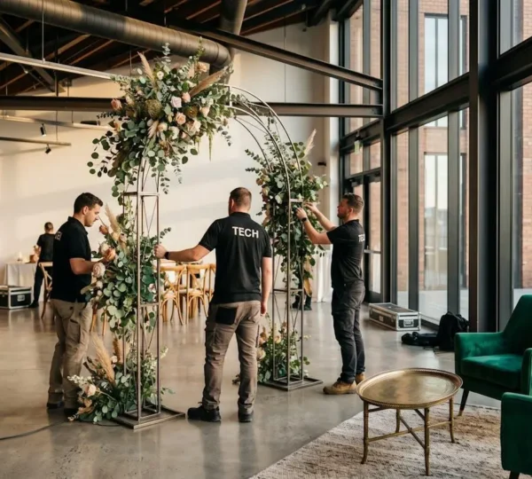 Deux techniciens professionnels installant une grande arche décorative métallique fleurie dans une salle événementielle moderne avec mobilier lounge design au premier plan, lumière naturelle de fin d'après-midi