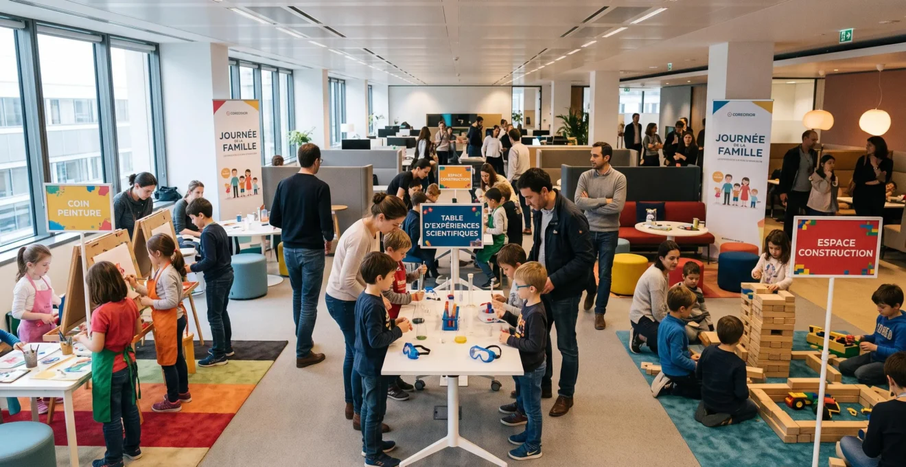 Vue d'ensemble d'un espace de Family Day avec plusieurs ateliers en libre accès et familles circulant librement