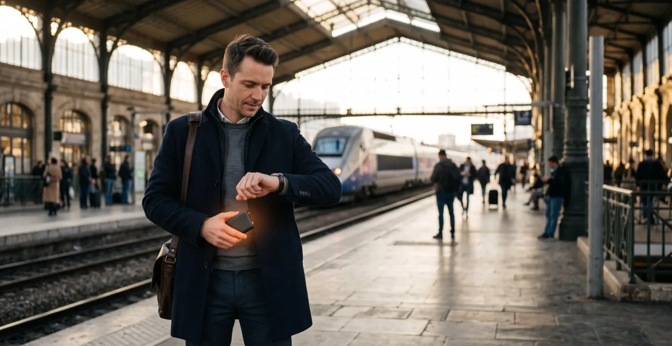 Homme d'affaires sur un quai de gare française tenant une batterie de secours qui diffuse une lumière chaleureuse et rassurante