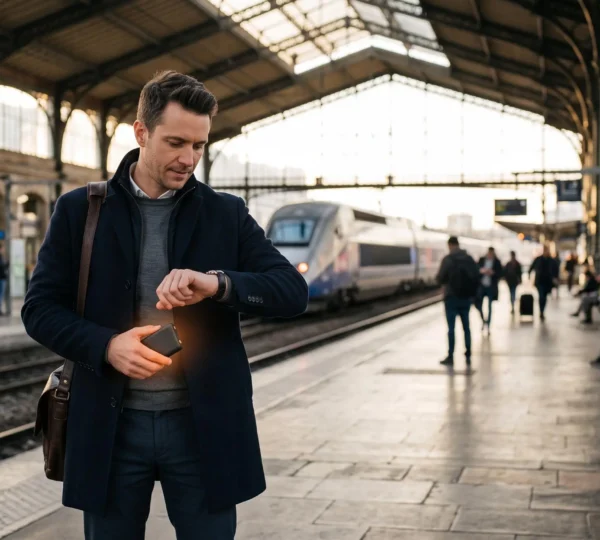 Homme d'affaires sur un quai de gare française tenant une batterie de secours qui diffuse une lumière chaleureuse et rassurante