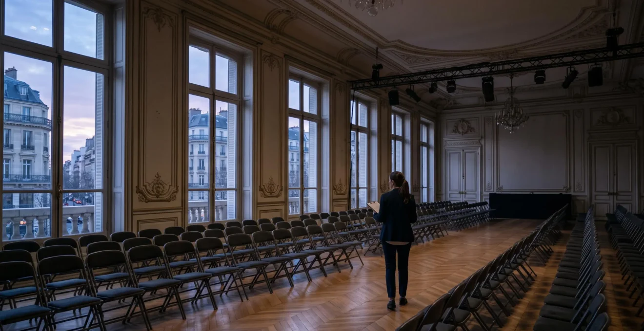 Interieur d'un grand hall evenementiel francais en cours d'amenagement au petit matin, symbolisant la construction d'un budget maitrise