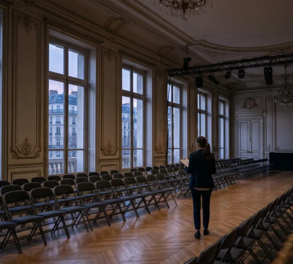 Interieur d'un grand hall evenementiel francais en cours d'amenagement au petit matin, symbolisant la construction d'un budget maitrise