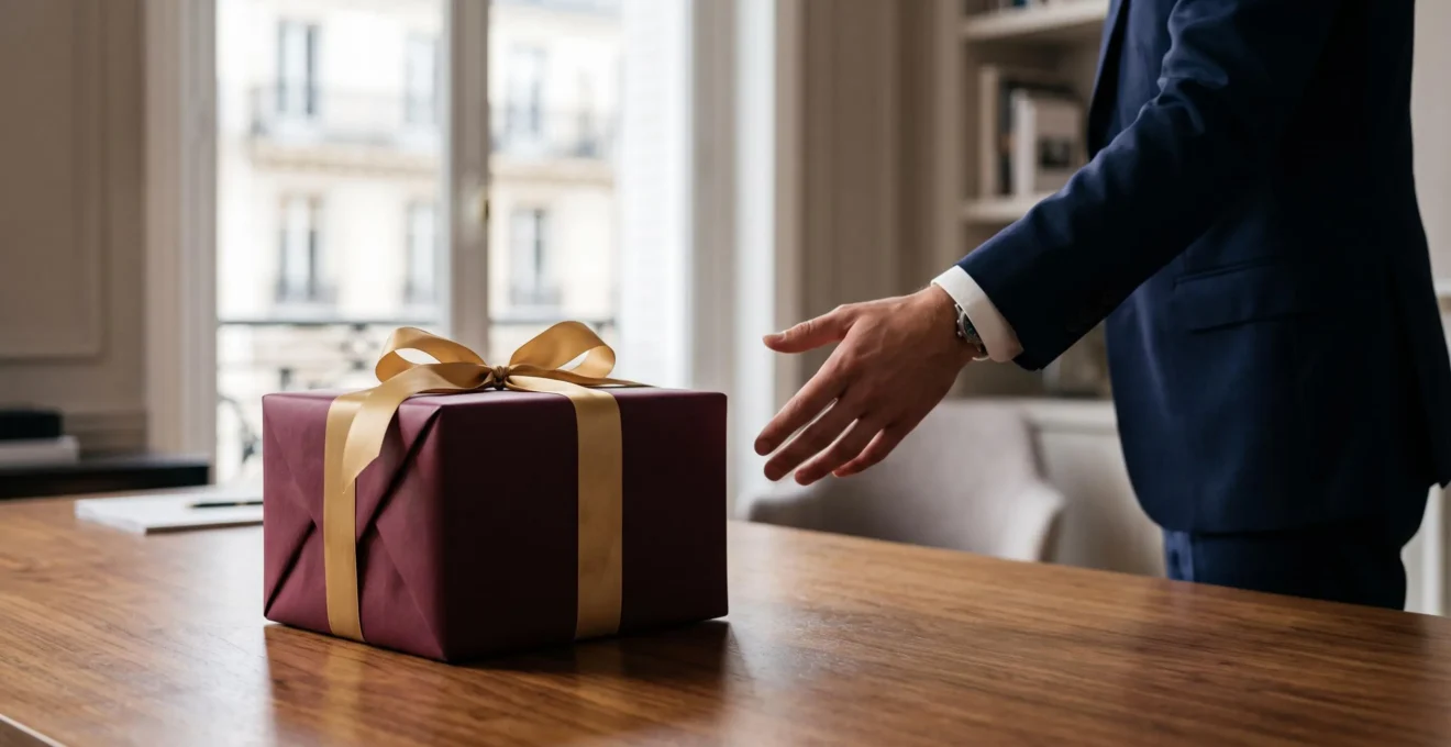 Coffret cadeau d'affaires élégant posé sur un bureau raffiné, symbolisant une relation client stratégique de long terme