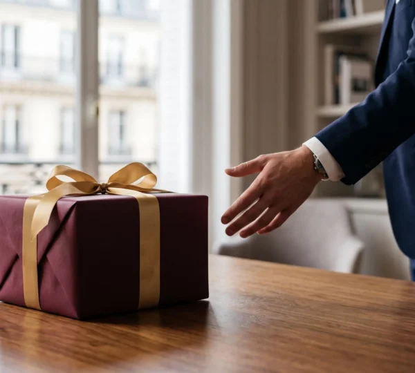 Coffret cadeau d'affaires élégant posé sur un bureau raffiné, symbolisant une relation client stratégique de long terme