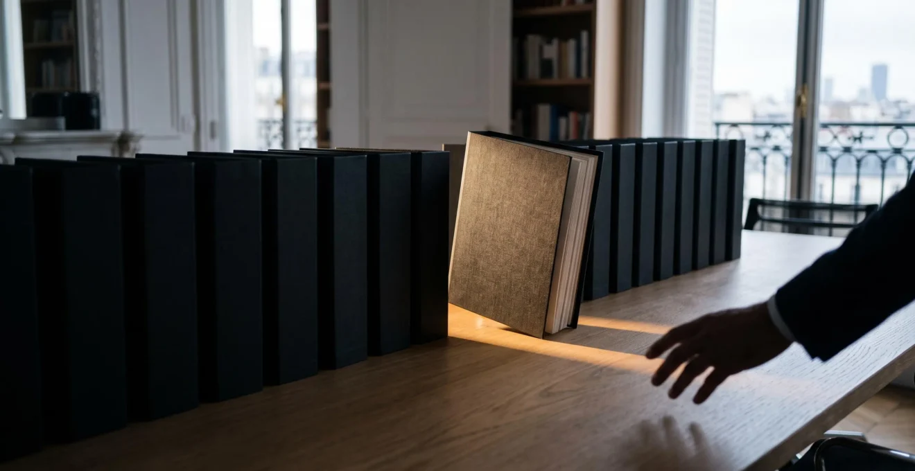 Un dirigeant examine attentivement une rangée de dossiers de candidature identiques, symbolisant le choix stratégique parmi de nombreuses agences