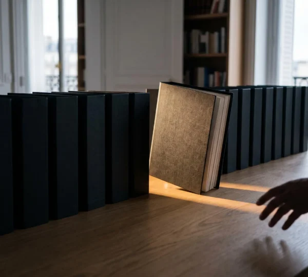 Un dirigeant examine attentivement une rangée de dossiers de candidature identiques, symbolisant le choix stratégique parmi de nombreuses agences