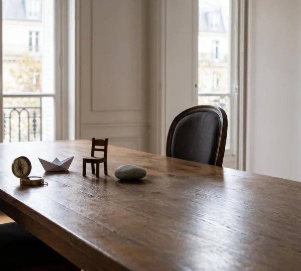 Table de réunion élégante avec plusieurs chemins symboliques représentant les multiples formats de séminaire possibles