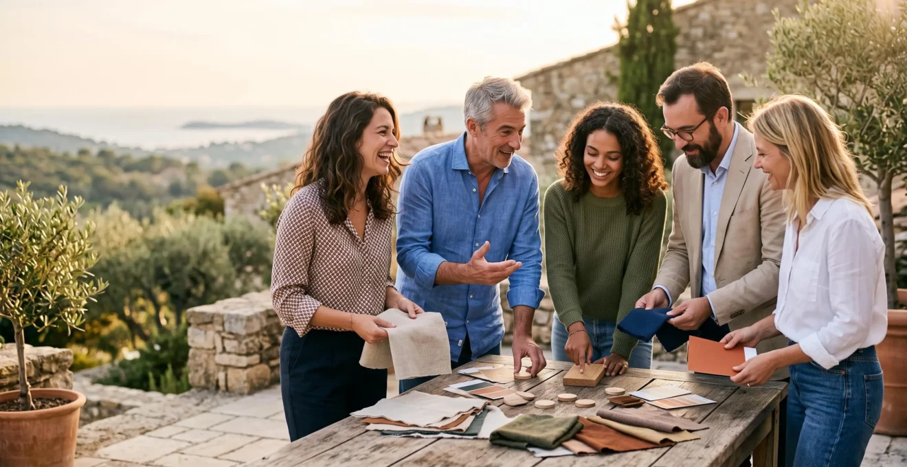Groupe de collaborateurs français échangeant en extérieur autour d'échantillons de couleurs et de matières pour concevoir ensemble un voyage incentive sur-mesure