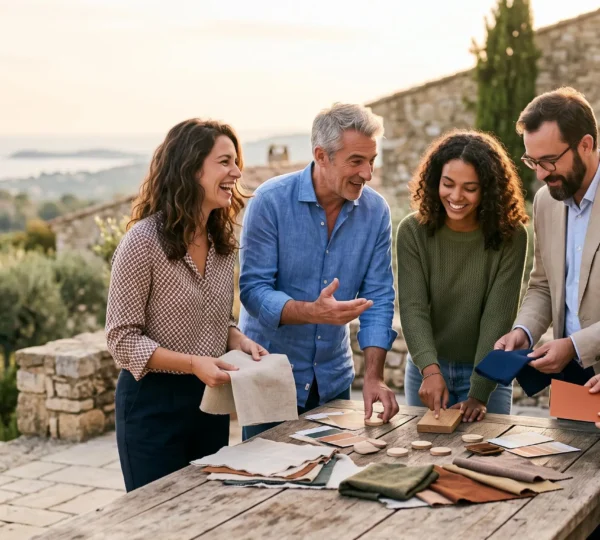 Groupe de collaborateurs français échangeant en extérieur autour d'échantillons de couleurs et de matières pour concevoir ensemble un voyage incentive sur-mesure