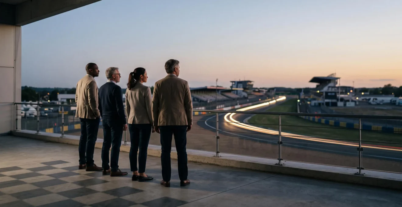Groupe de collaborateurs unis observant ensemble un circuit d'endurance automobile français au crépuscule