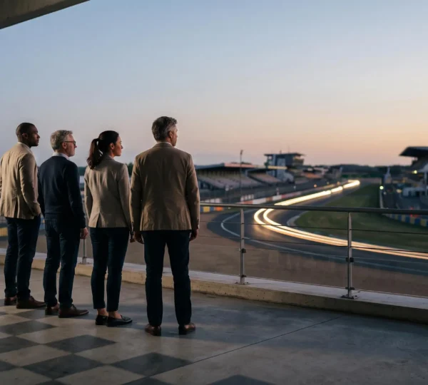 Groupe de collaborateurs unis observant ensemble un circuit d'endurance automobile français au crépuscule