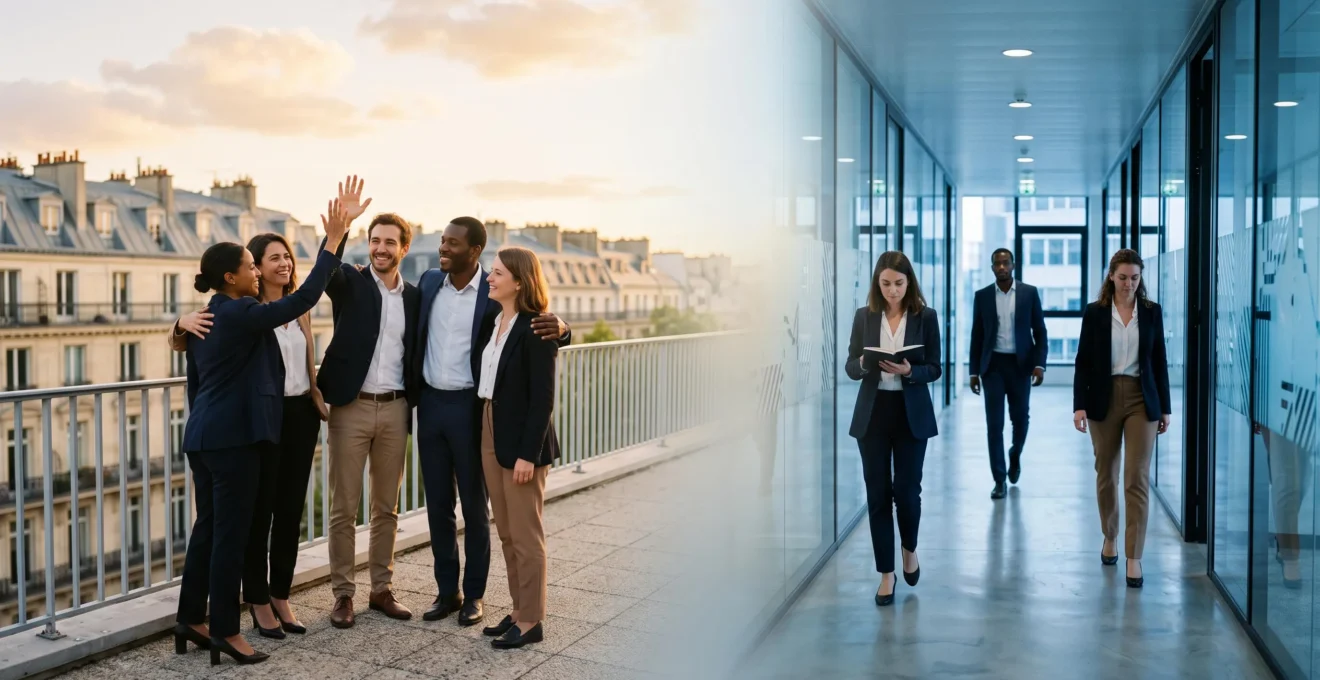 Illustration symbolique d'une équipe française dont la cohésion créée lors d'un team building s'estompe au retour au bureau