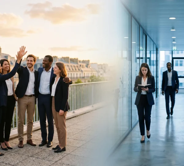 Illustration symbolique d'une équipe française dont la cohésion créée lors d'un team building s'estompe au retour au bureau