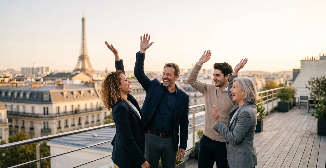 Un groupe de collaborateurs français souriants et complices lors d'un moment convivial d'entreprise, incarnant l'enthousiasme d'un programme incentive réussi