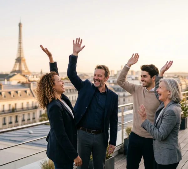 Un groupe de collaborateurs français souriants et complices lors d'un moment convivial d'entreprise, incarnant l'enthousiasme d'un programme incentive réussi