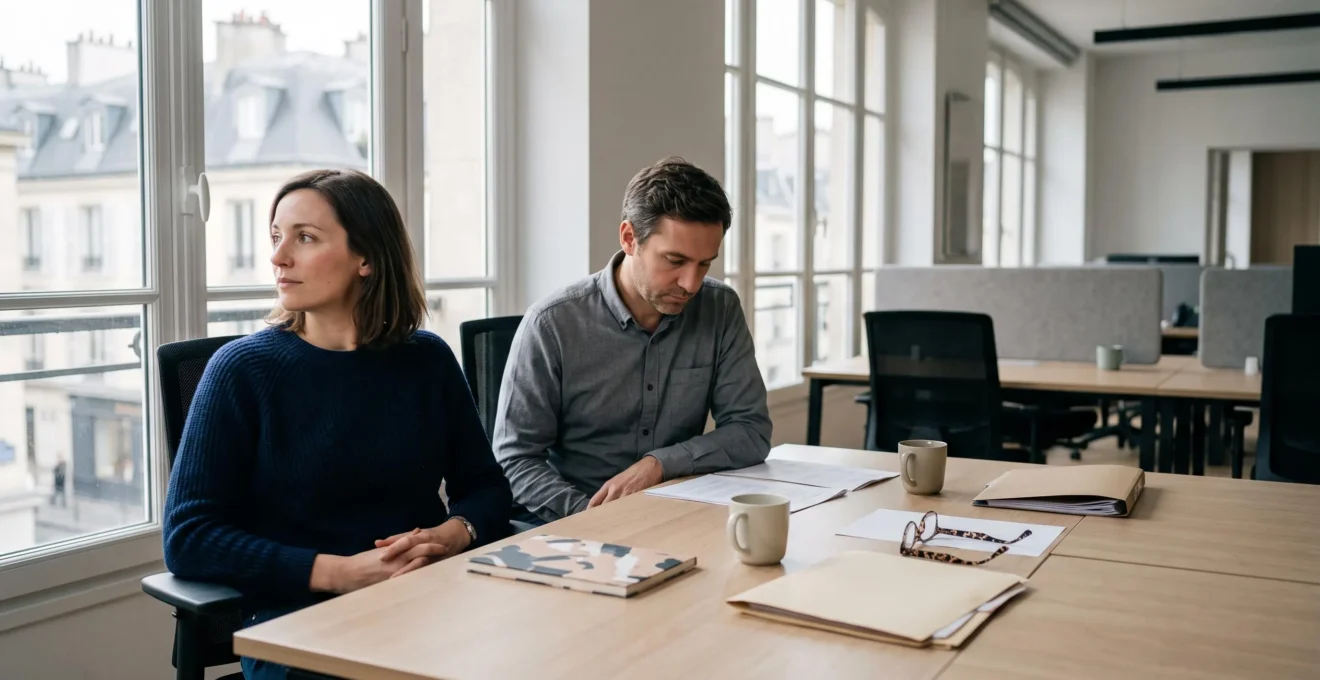 Deux collègues assis côte à côte dans un bureau moderne parisien, chacun absorbé par son propre écran, incarnant la distance émotionnelle malgré la proximité physique quotidienne