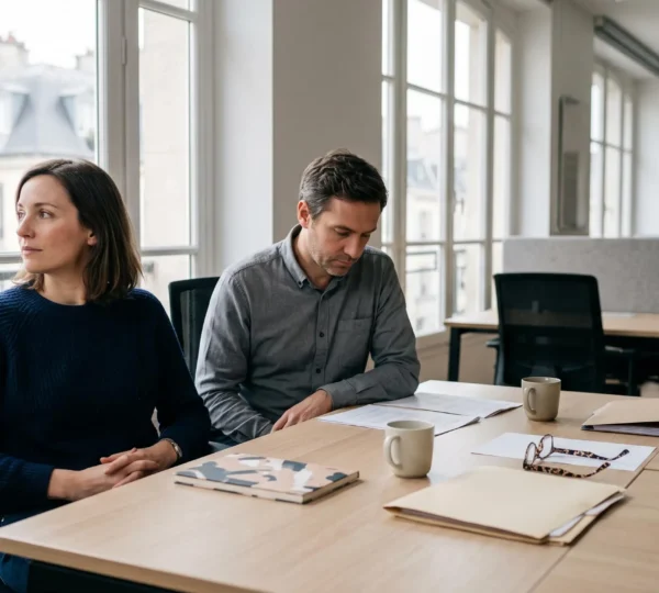 Deux collègues assis côte à côte dans un bureau moderne parisien, chacun absorbé par son propre écran, incarnant la distance émotionnelle malgré la proximité physique quotidienne