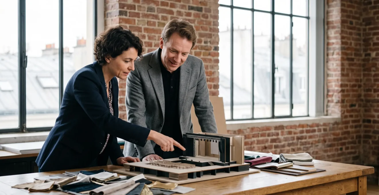 Une équipe d'agence et de client français collaborent autour d'une maquette scénographique pour imaginer un événement sur mesure