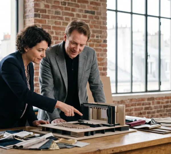 Une équipe d'agence et de client français collaborent autour d'une maquette scénographique pour imaginer un événement sur mesure