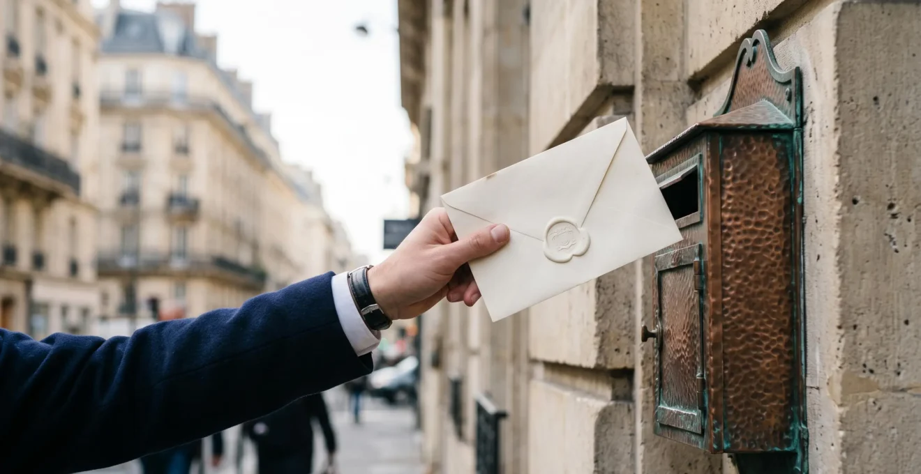 Une main dépose une lettre premium dans une boîte aux lettres parisienne en cuivre, symbolisant l'impact du courrier personnalisé face aux emails automatisés