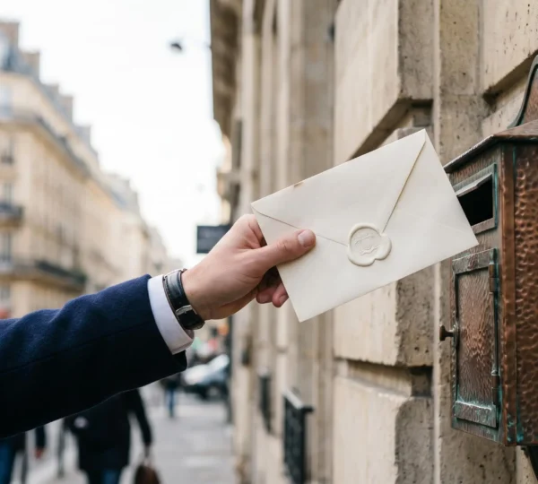 Une main dépose une lettre premium dans une boîte aux lettres parisienne en cuivre, symbolisant l'impact du courrier personnalisé face aux emails automatisés