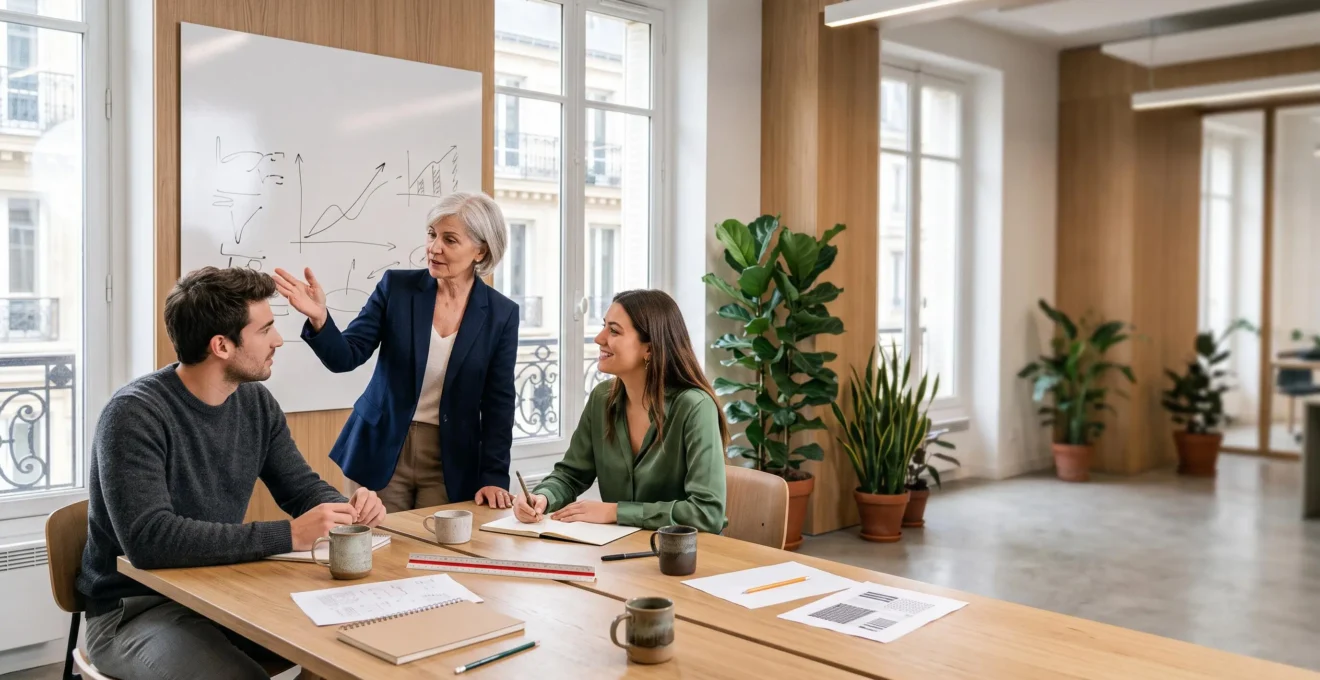Dirigeant et collaborateurs echangeant dans un bureau lumineux, symbole de la croissance par la formation professionnelle en France