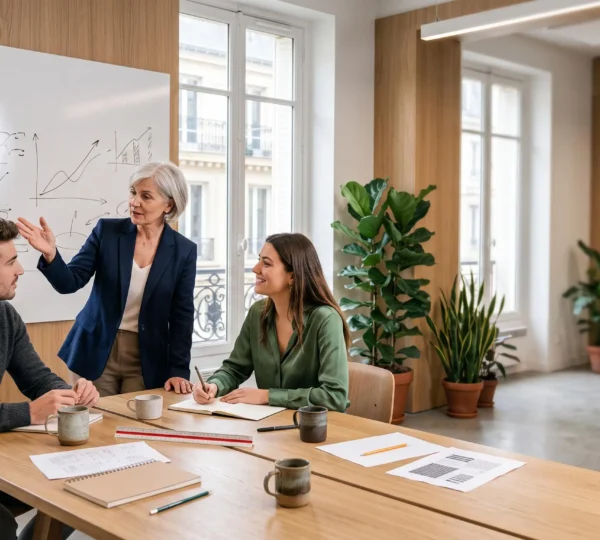 Dirigeant et collaborateurs echangeant dans un bureau lumineux, symbole de la croissance par la formation professionnelle en France