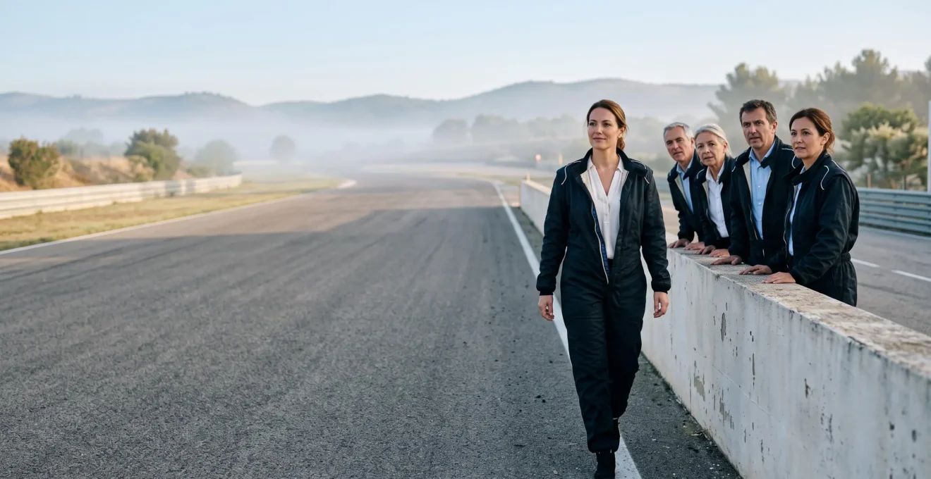 Un groupe de cadres en tenue de pilotage se tenant au bord d'un circuit automobile français au lever du jour, incarnant la révélation du leadership