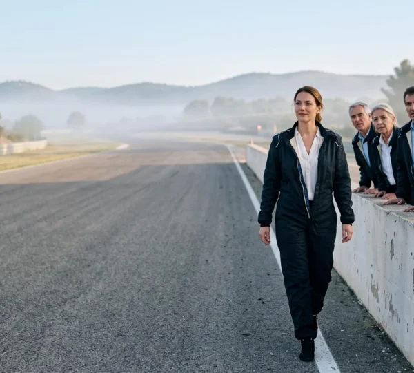 Un groupe de cadres en tenue de pilotage se tenant au bord d'un circuit automobile français au lever du jour, incarnant la révélation du leadership