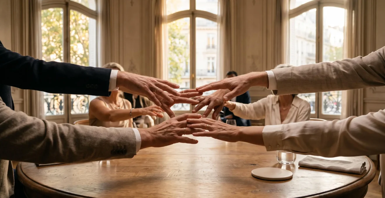 Réseau de mains et de silhouettes professionnelles formant un maillage de confiance autour d'une table élégante, symbolisant un écosystème de partenaires fiables