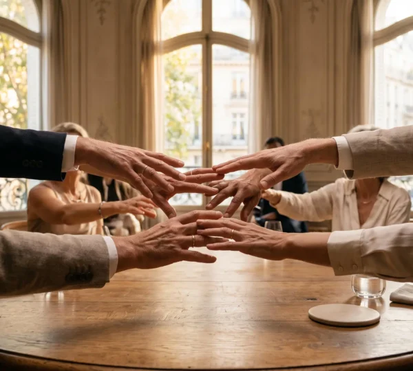 Réseau de mains et de silhouettes professionnelles formant un maillage de confiance autour d'une table élégante, symbolisant un écosystème de partenaires fiables