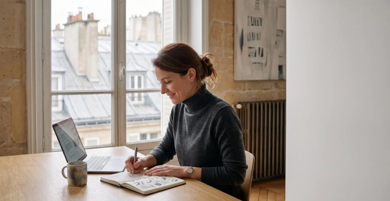 Employe souriant et concentre travaillant en autonomie dans un bureau lumineux a la francaise, sans recompense visible