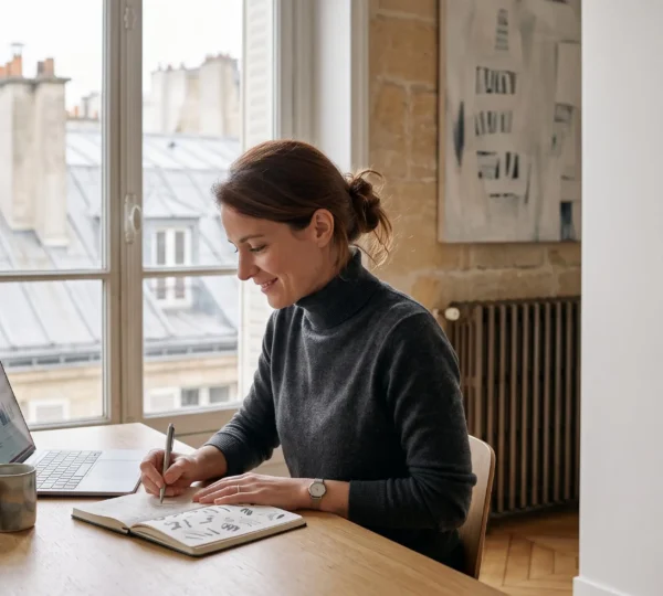 Employe souriant et concentre travaillant en autonomie dans un bureau lumineux a la francaise, sans recompense visible