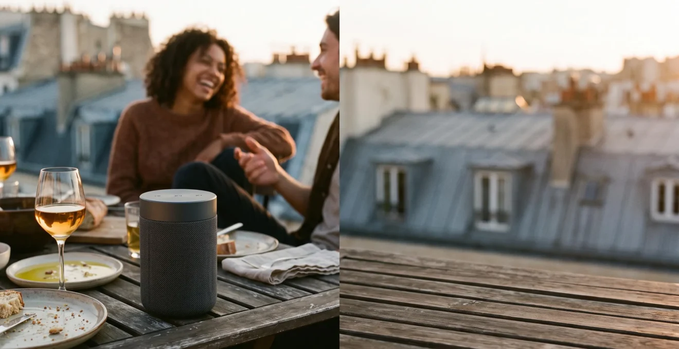 Enceinte Bluetooth sans marque posée sur une table de terrasse parisienne au coucher du soleil, entourée d'amis partageant un apéritif convivial