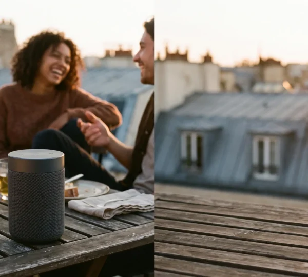 Enceinte Bluetooth sans marque posée sur une table de terrasse parisienne au coucher du soleil, entourée d'amis partageant un apéritif convivial