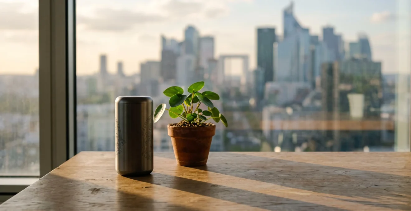 Enceinte Bluetooth gravée posée sur un bureau minimaliste, symbole de la longévité d'un cadeau d'affaires premium