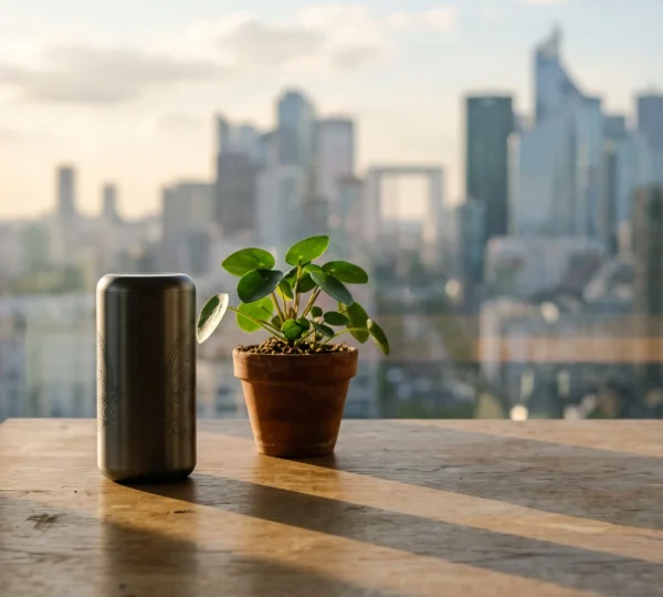 Enceinte Bluetooth gravée posée sur un bureau minimaliste, symbole de la longévité d'un cadeau d'affaires premium