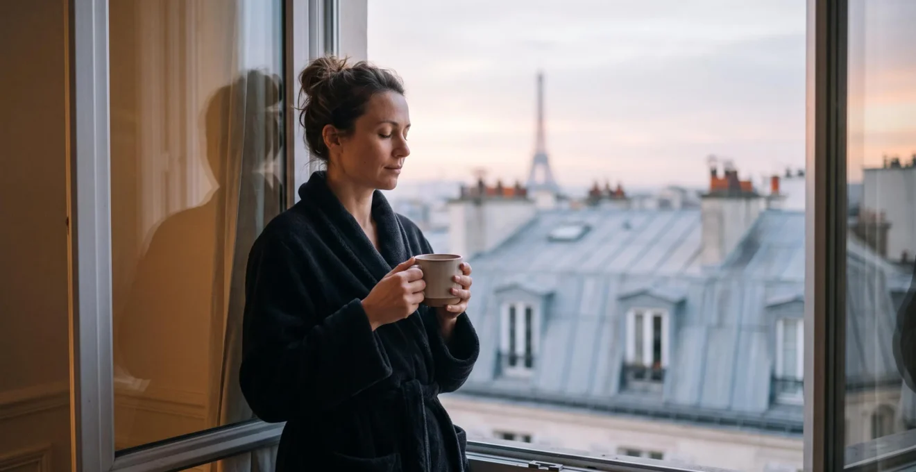 Entrepreneur français silencieux face à la fenêtre à l'aube, incarnant la discipline et la réflexion avant une journée de travail intense