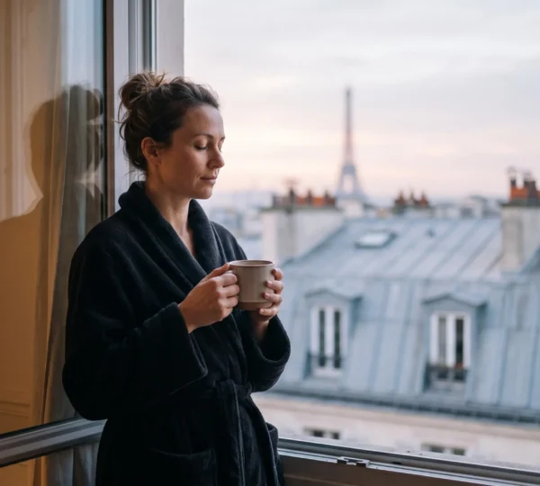 Entrepreneur français silencieux face à la fenêtre à l'aube, incarnant la discipline et la réflexion avant une journée de travail intense