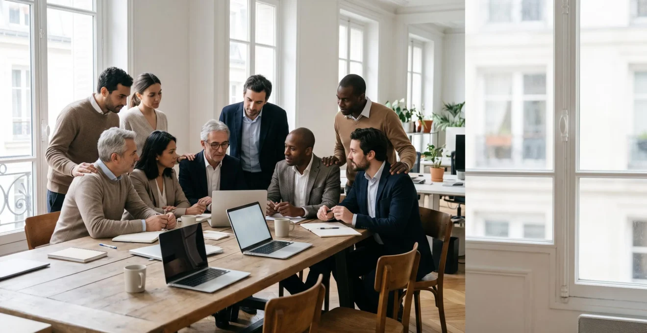 Groupe de collaborateurs francais reunis autour d'une table dans un bureau lumineux, symbolisant la cohesion d'equipe malgre le renouvellement des effectifs