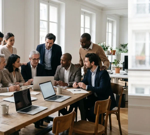 Groupe de collaborateurs francais reunis autour d'une table dans un bureau lumineux, symbolisant la cohesion d'equipe malgre le renouvellement des effectifs