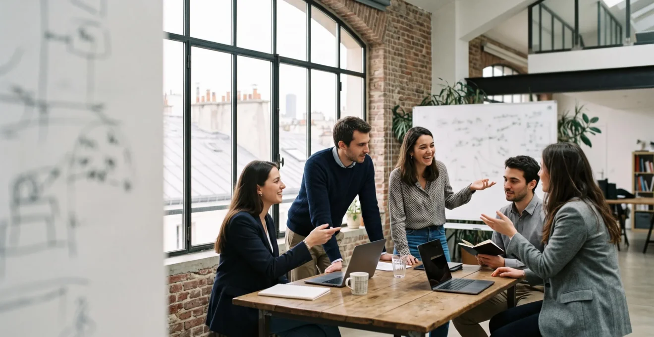 Jeune équipe de professionnels réunie autour d'une table dans un espace de coworking parisien, symbolisant la construction rapide d'une équipe soudée