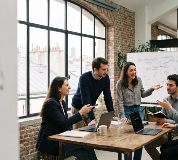 Jeune équipe de professionnels réunie autour d'une table dans un espace de coworking parisien, symbolisant la construction rapide d'une équipe soudée
