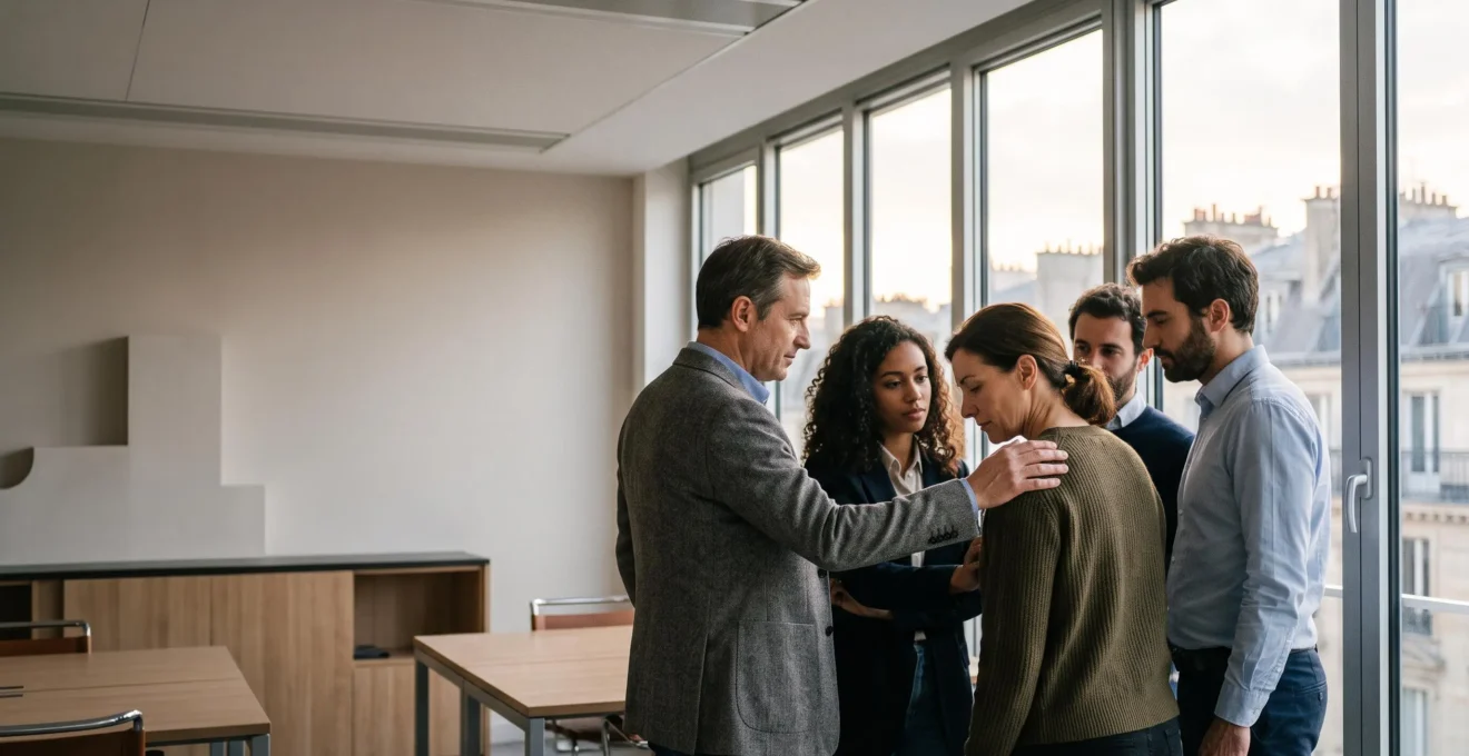 Équipe de collaborateurs français unis et solidaires dans un bureau moderne pendant une période de crise en entreprise